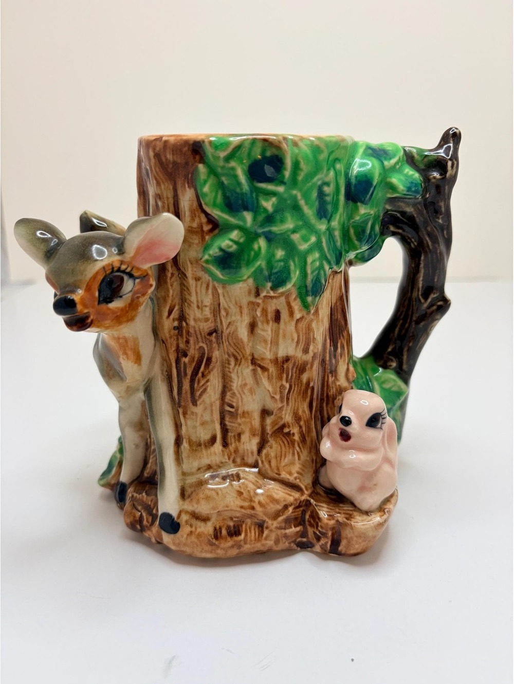 Vintage Woodland Tree Stump Mug Deer Rabbit Squirrel Ceramic Cup Forest Animal